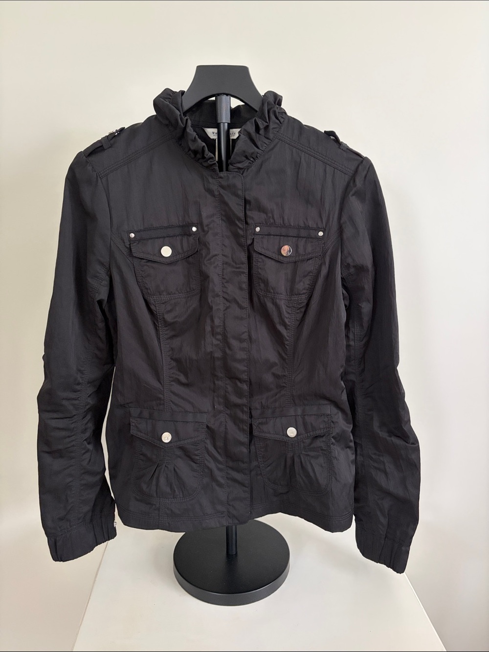 White House Black Market Black Utility Jacket with Ruffle Collar
